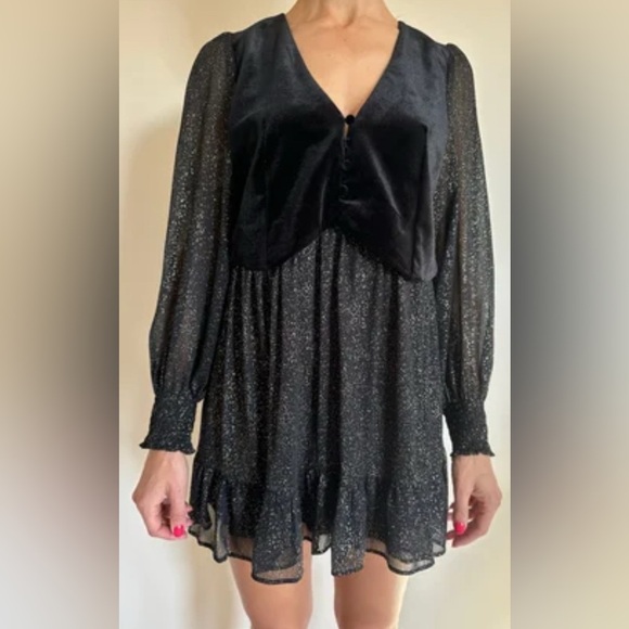 Zara Black With Gold Glitter Sheer Mini Dress With Velvet Vest In S - Picture 3 of 12